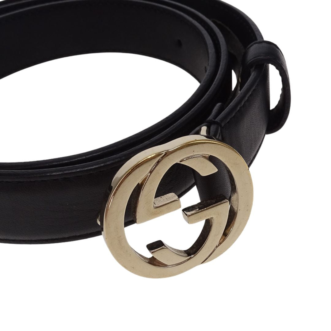 Gucci Interlocking G Thin Black Belt 80/32 Gold Buckle