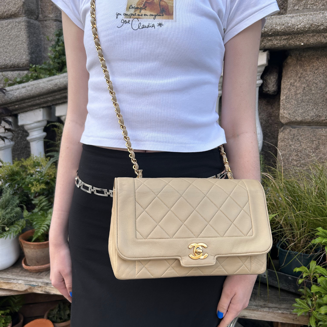 Chanel Diana 25 Matelasse Chain Shoulder Bag Caviar Skin Beige A01165  Vintage Matelasse Bag