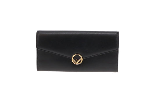 Fendi Black Smooth Leather Logo Long Flap Wallet SM