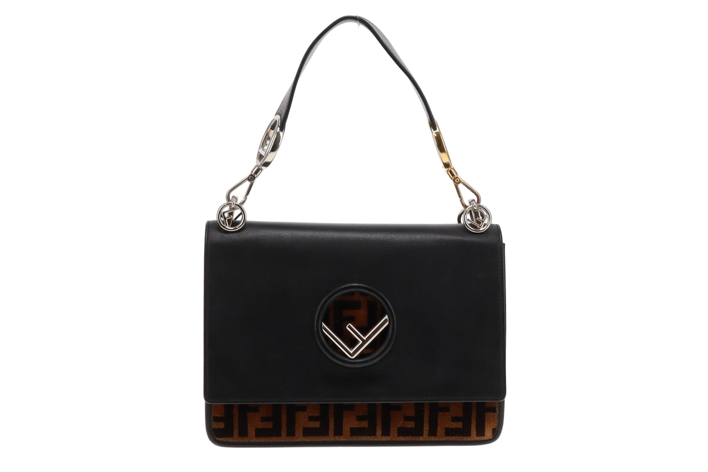 Fendi Black Leather and Velvet Zucca Detail Kan I F 2 Way Bag