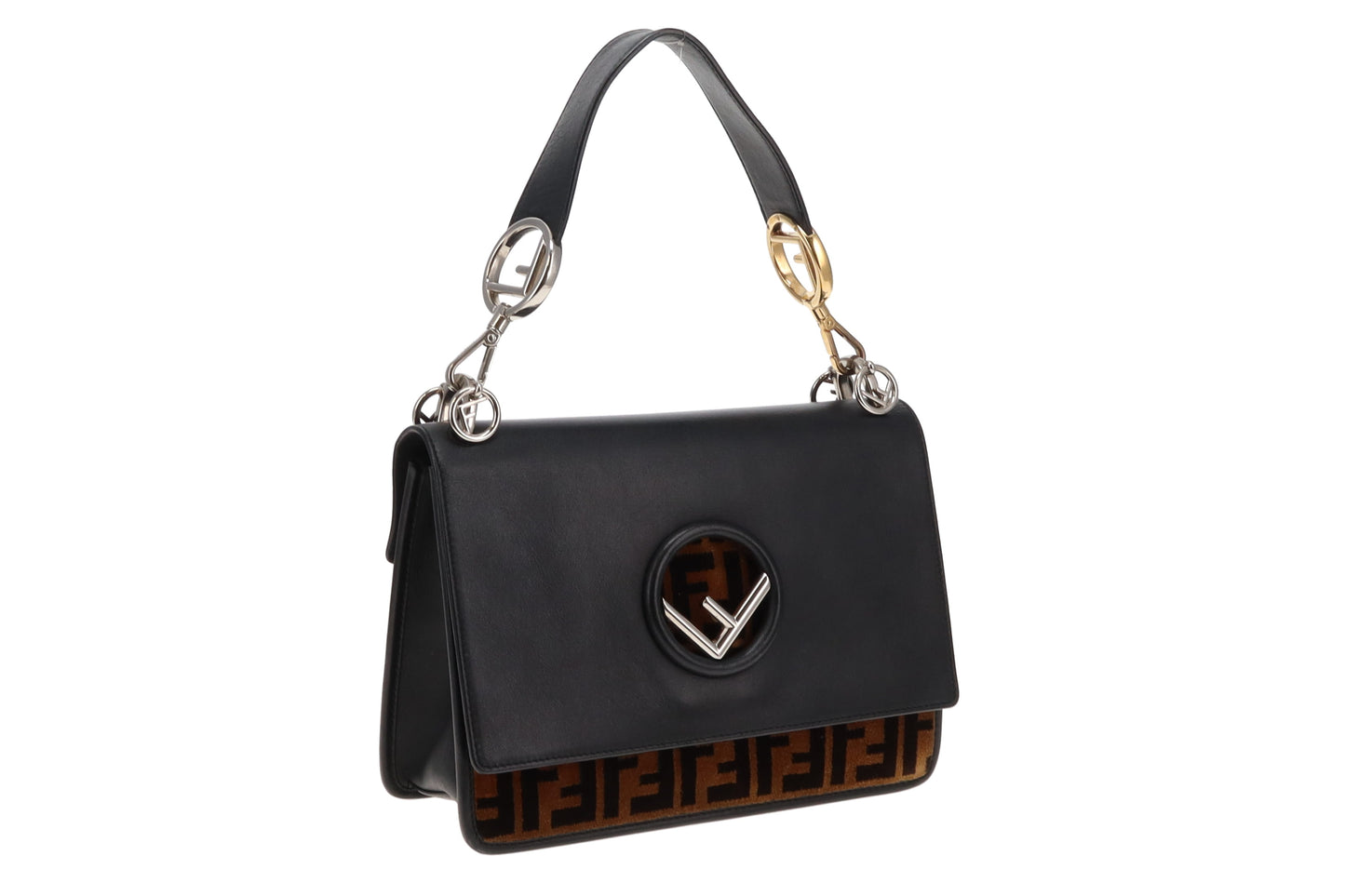 Fendi Black Leather and Velvet Zucca Detail Kan I F 2 Way Bag