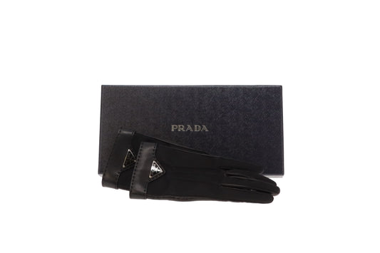 Prada Nylon Black and Lambskin Gloves size 7 1/2