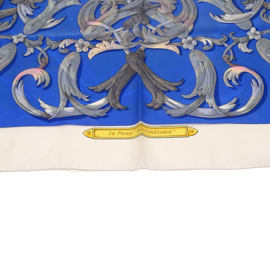 Hermes Blue 100% Silk Le Moris "A La Conetable" 90cm Scarf