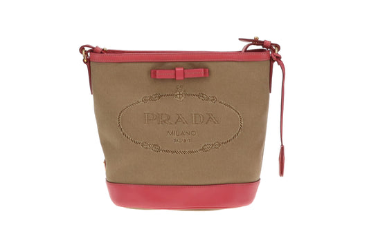 Prada Bucket Bag Logo Canvas and Pink Leather