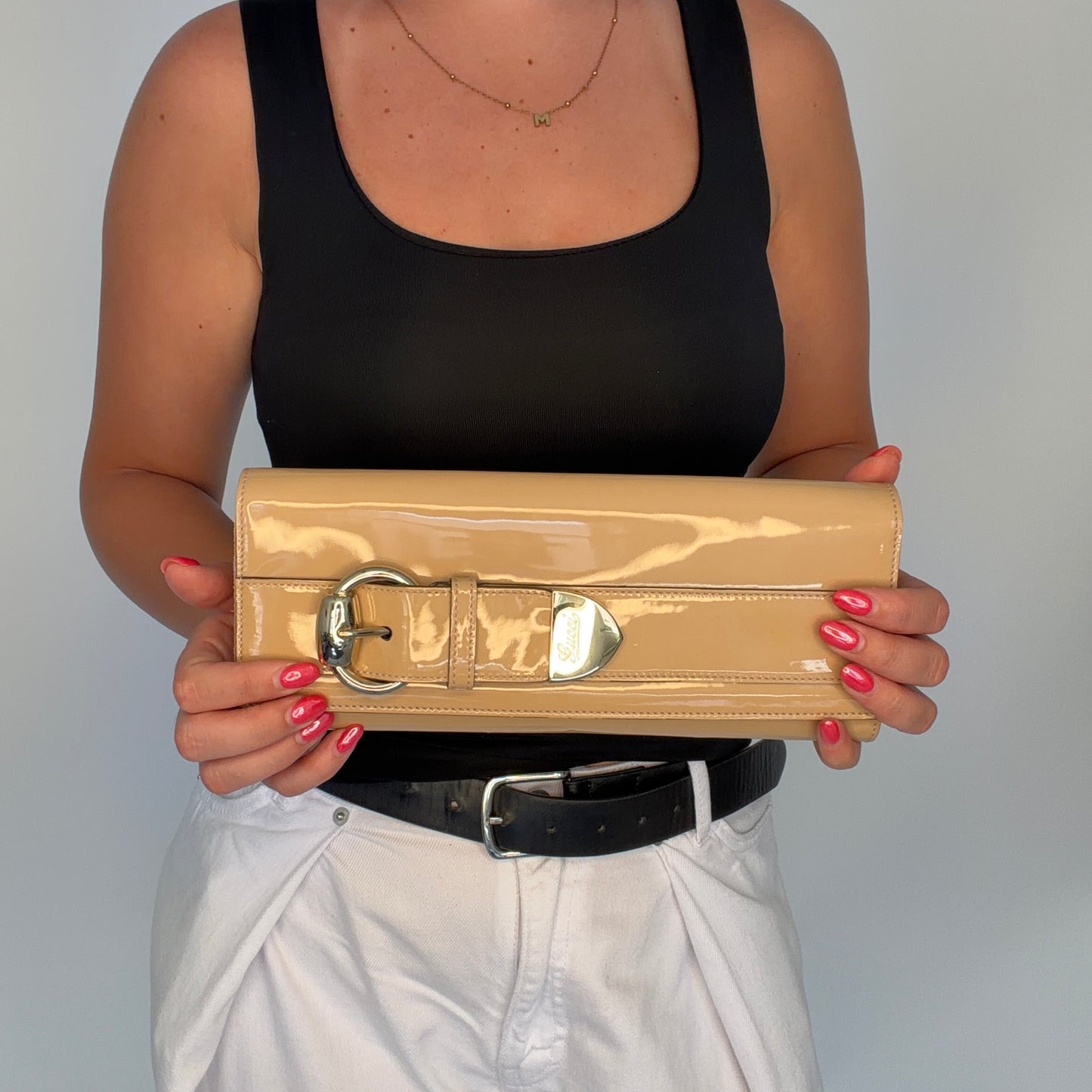 Gucci Patent Romy Clutch Beige Vintage