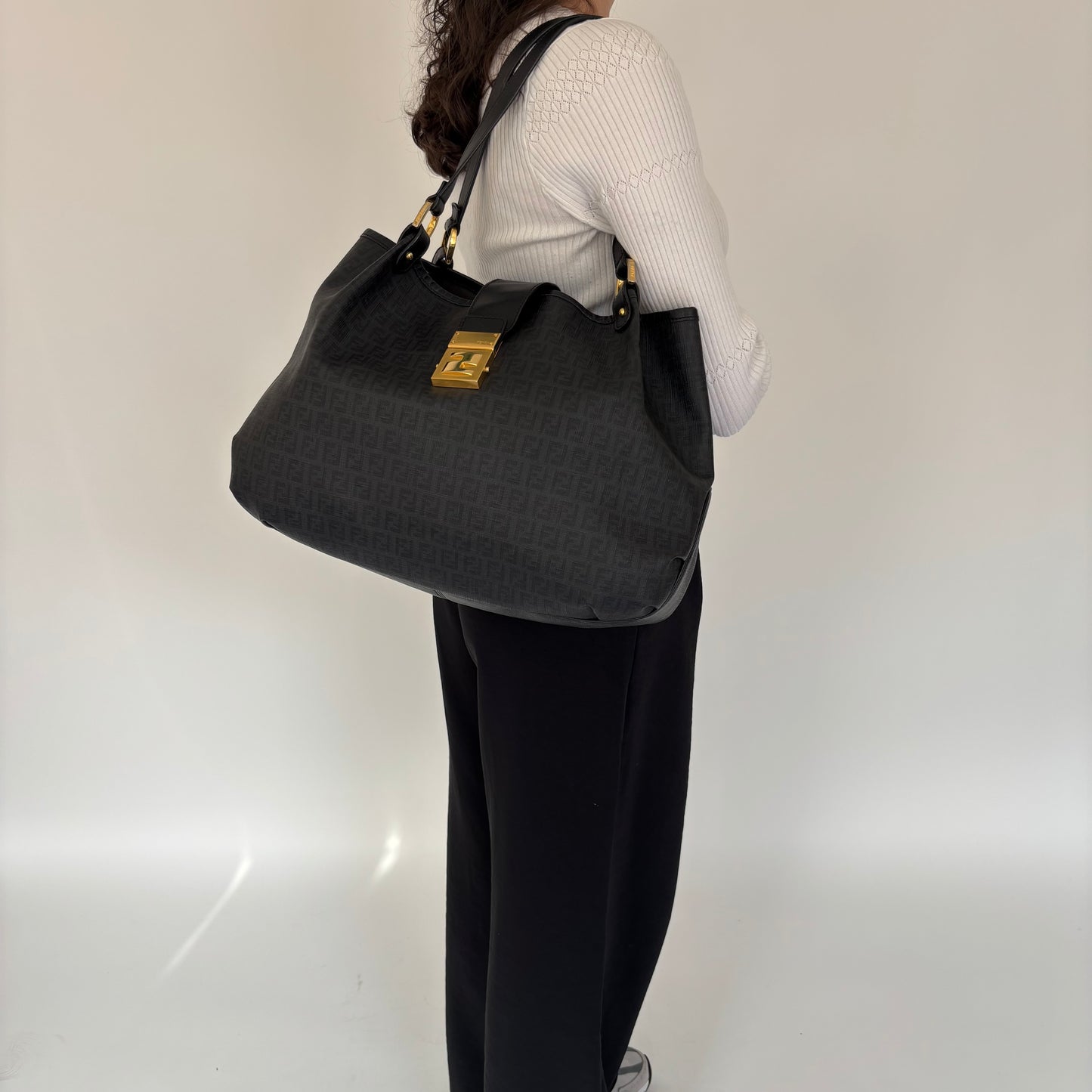 Fendi Dark Grey & Black Zucchino Canvas & Leather Tote