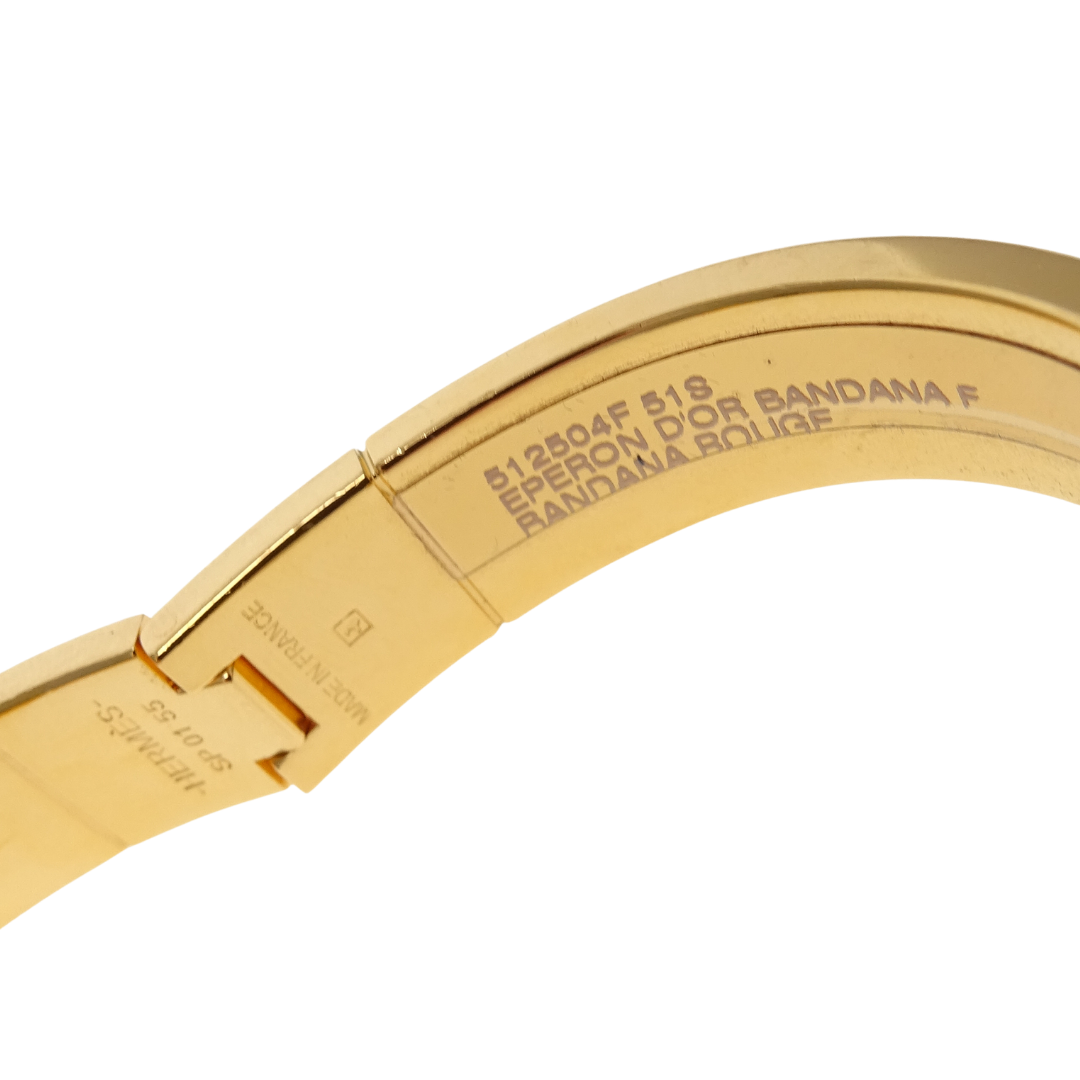 Hermes Hinged Bracelet Red Eperon D'or Bandana Rouge Enamel Gold Plated
