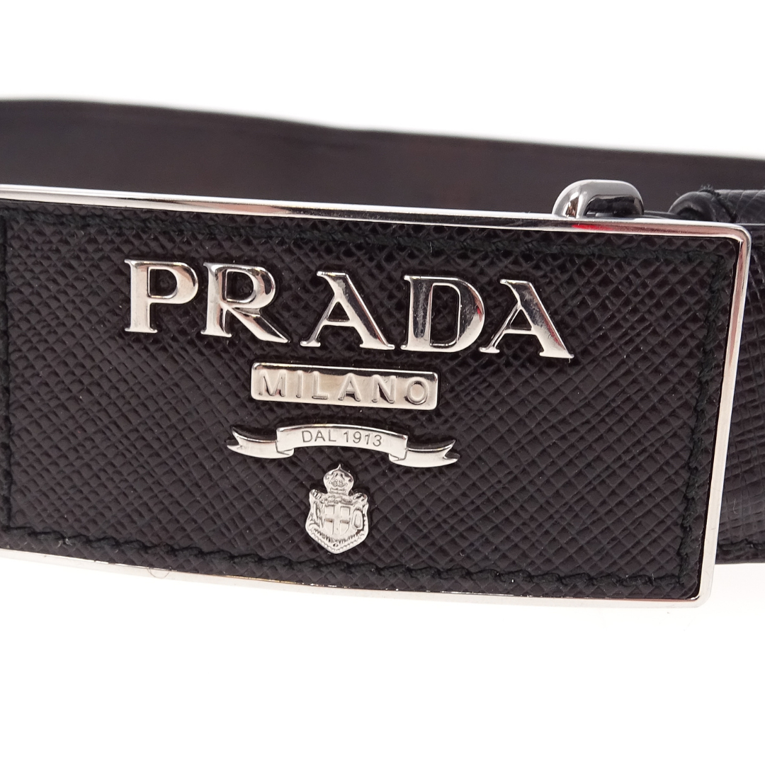 Prada Plaque Belt Black Saffiano SHW 75cm