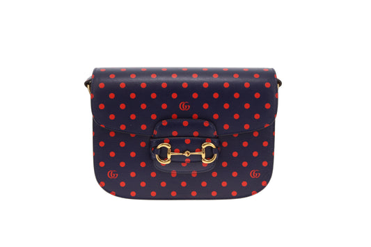 Gucci Horsebit 1955 Shanghai Shoulder Bag – Navy Polka Dot Calfskin