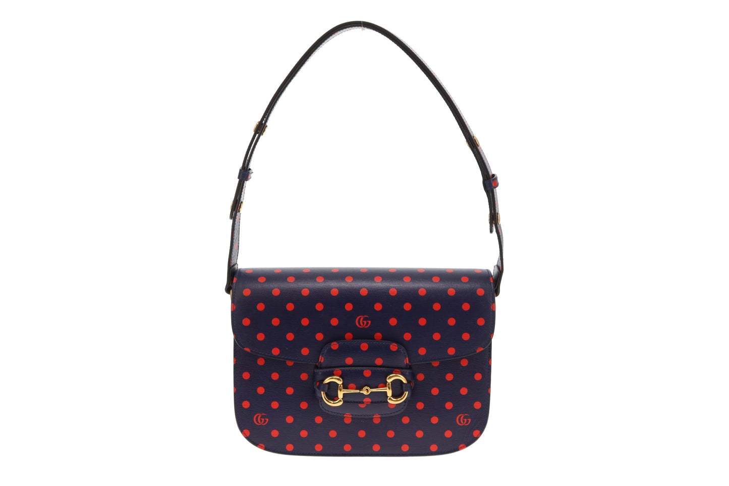 Gucci Horsebit 1955 Shanghai Shoulder Bag – Navy Polka Dot Calfskin