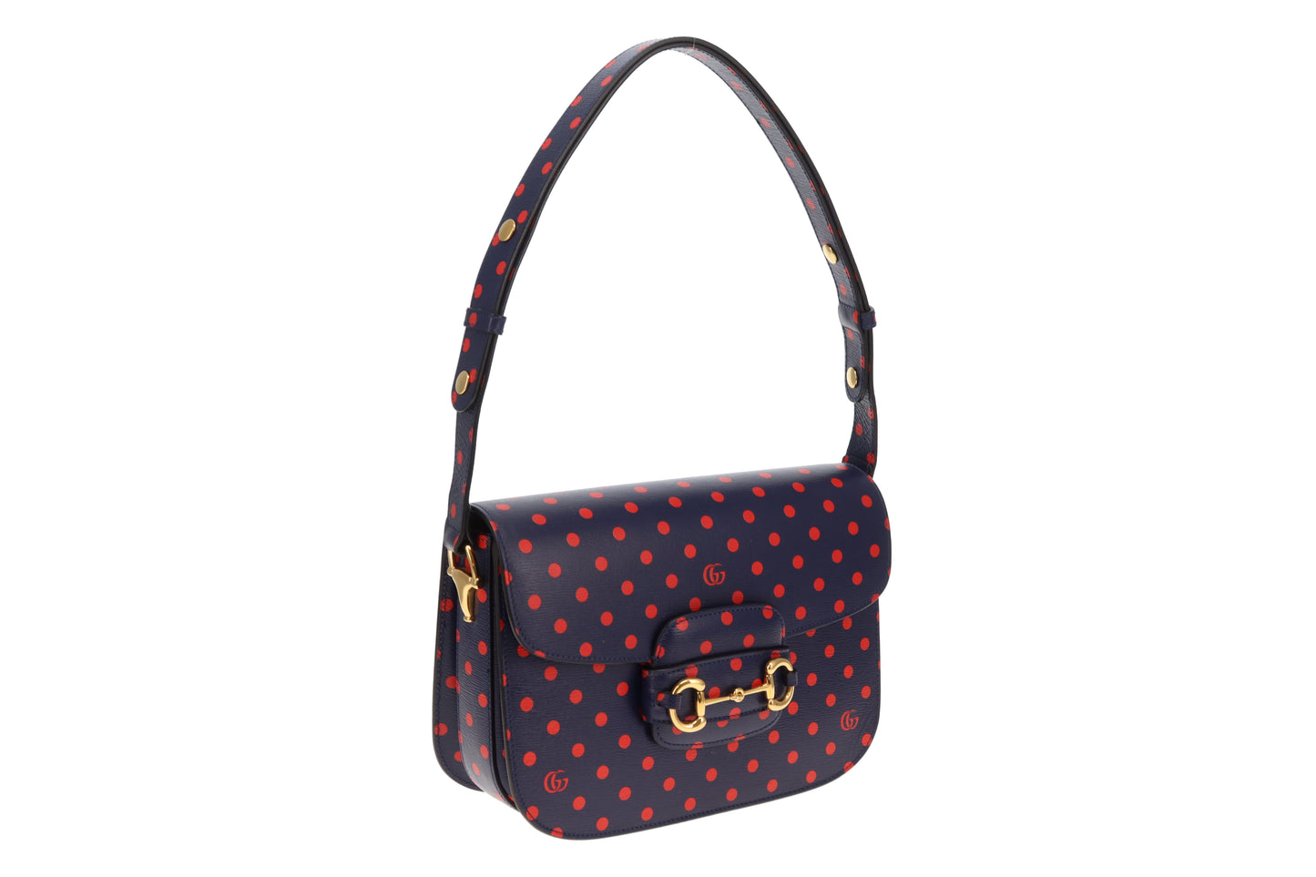 Gucci Horsebit 1955 Shanghai Shoulder Bag – Navy Polka Dot Calfskin