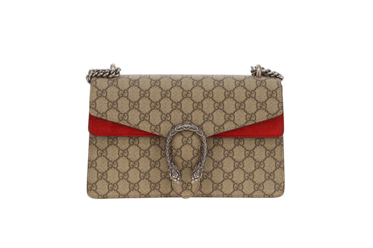 Gucci Dionysus Medium Shoulder Bag – GG Supreme Canvas with Red Suede Panel