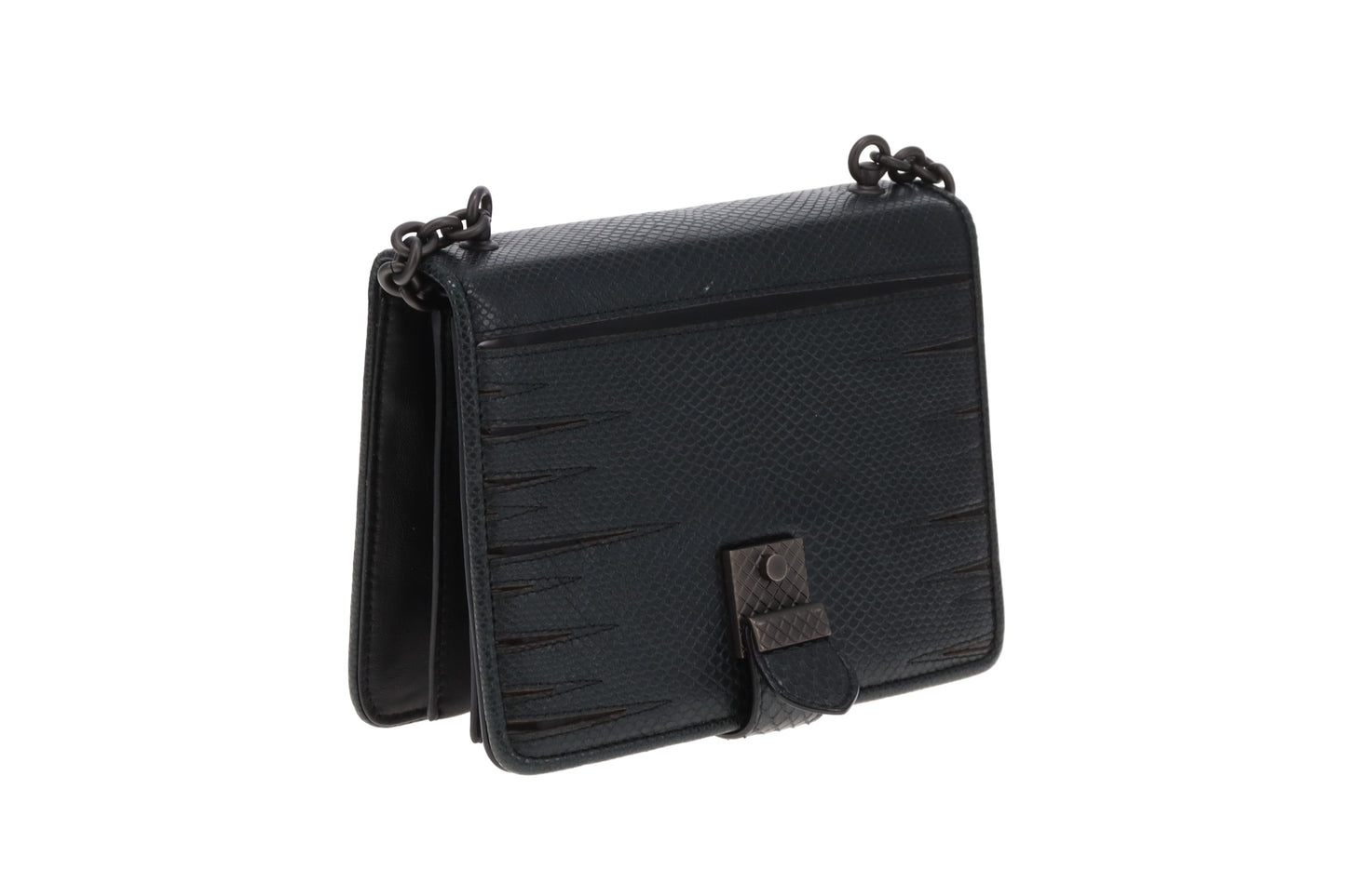 Bottega Veneta Black Lizard and Patent Detailing Pushlock Crossbody