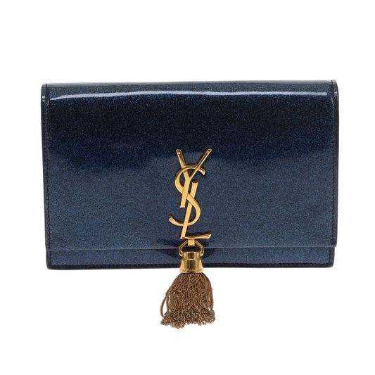 Saint Laurent Kate Tassel Wallet On Chain In Blue Sparkle Patent Leather