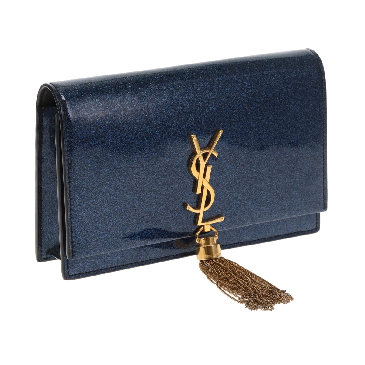Saint Laurent Kate Tassel Wallet On Chain In Blue Sparkle Patent Leather