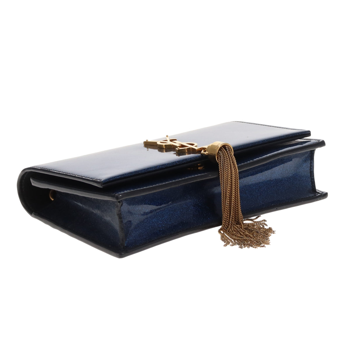 Saint Laurent Kate Tassel Wallet On Chain In Blue Sparkle Patent Leather