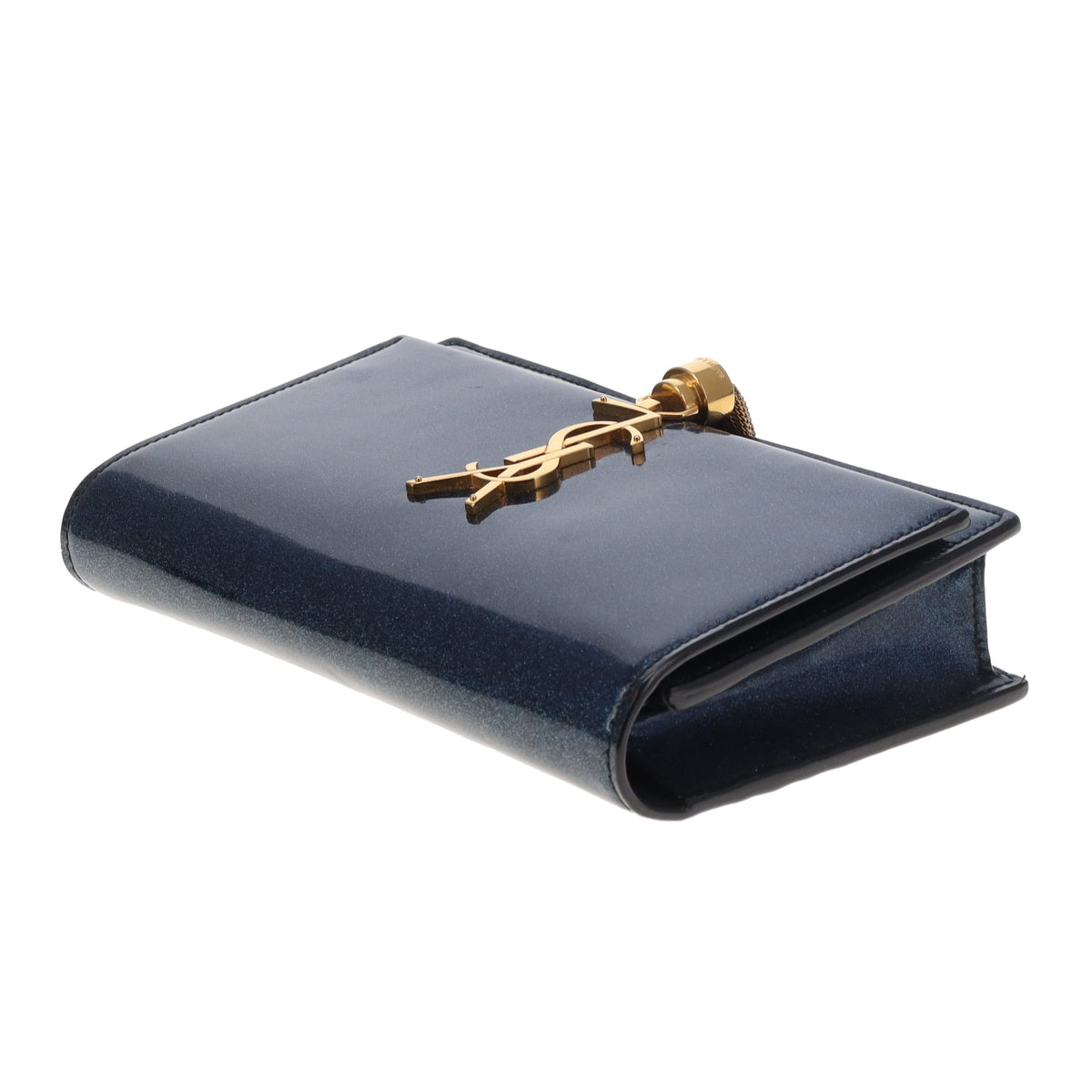 Saint Laurent Kate Tassel Wallet On Chain In Blue Sparkle Patent Leather