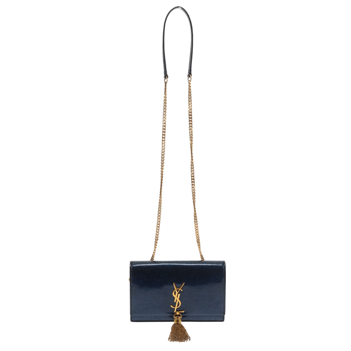 Saint Laurent Kate Tassel Wallet On Chain In Blue Sparkle Patent Leather