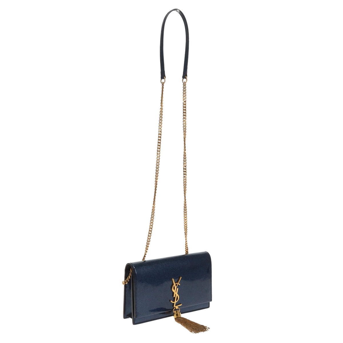 Saint Laurent Kate Tassel Wallet On Chain In Blue Sparkle Patent Leather