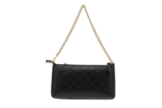 Gucci Black Guccissima Leather Signature Wrist Wallet on Chain Pochette Bag
