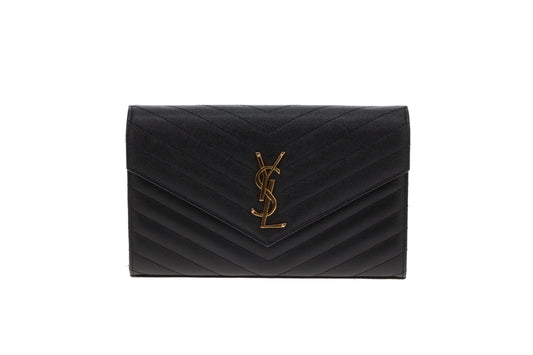 Saint Laurent Envelope Cassandre Chain Wallet In Black Grain De Poudre Leather
