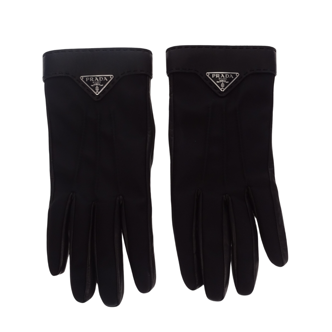Prada Nylon Black and Lambskin Gloves size 7 1/2