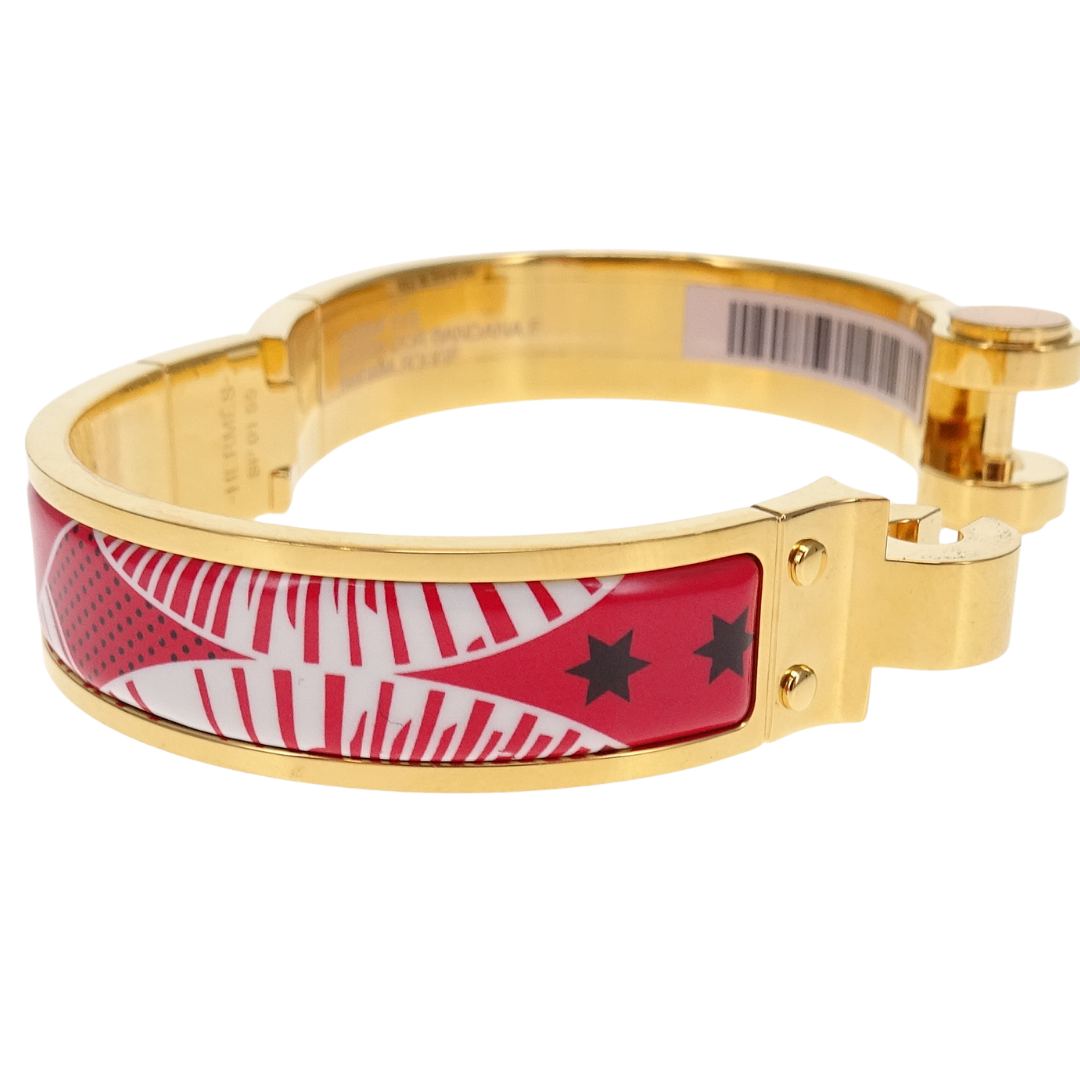 Hermes Hinged Bracelet Red Eperon D'or Bandana Rouge Enamel Gold Plated
