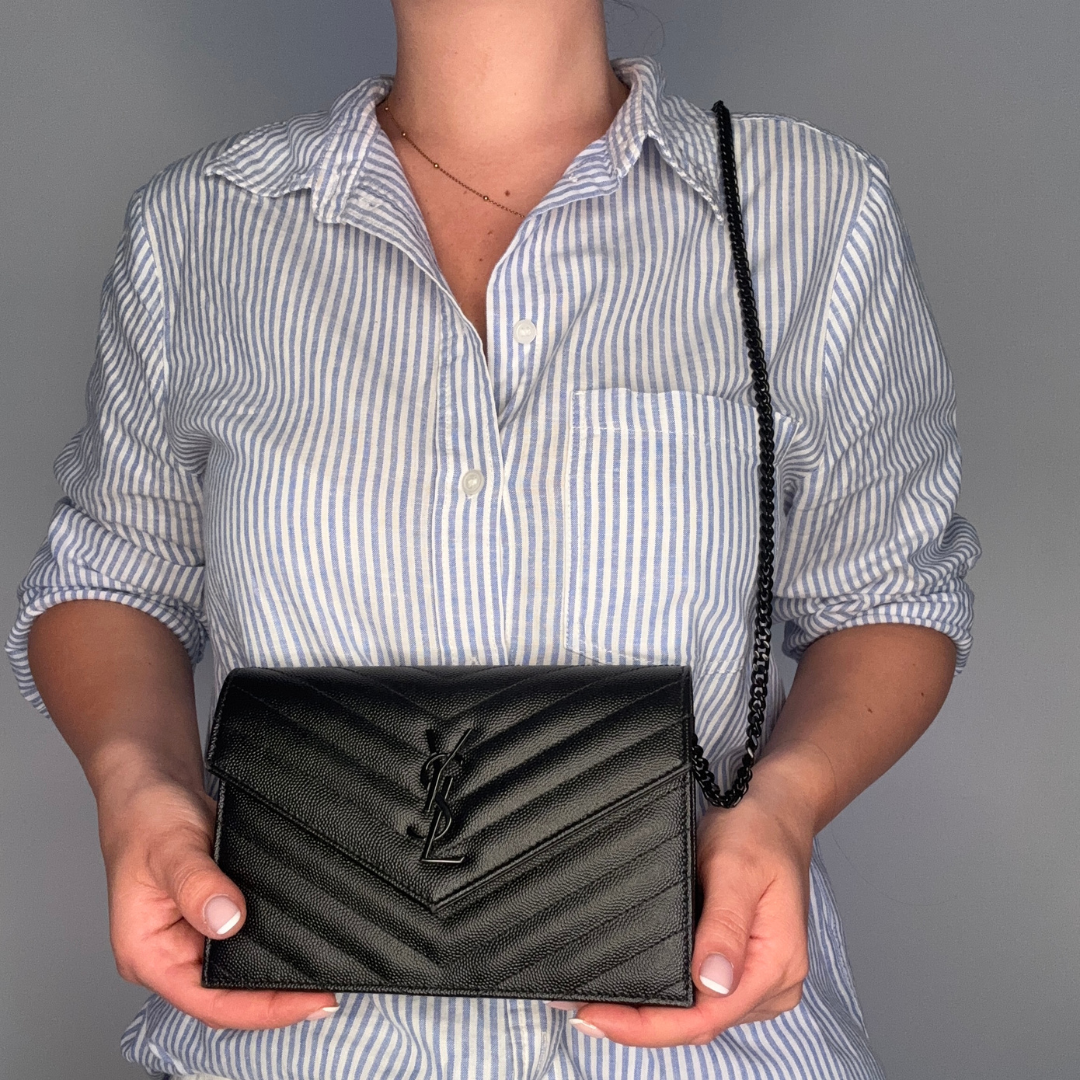 Saint Laurent Cassandre Envelope Wallet on Chain  Grain De Poudre All Black