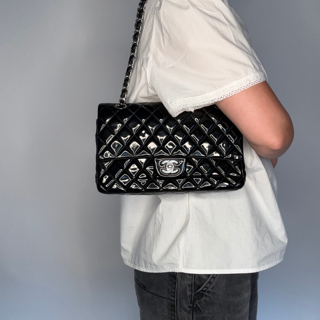 Chanel Classic Double Flap Black Medium In Patent Leather 2014