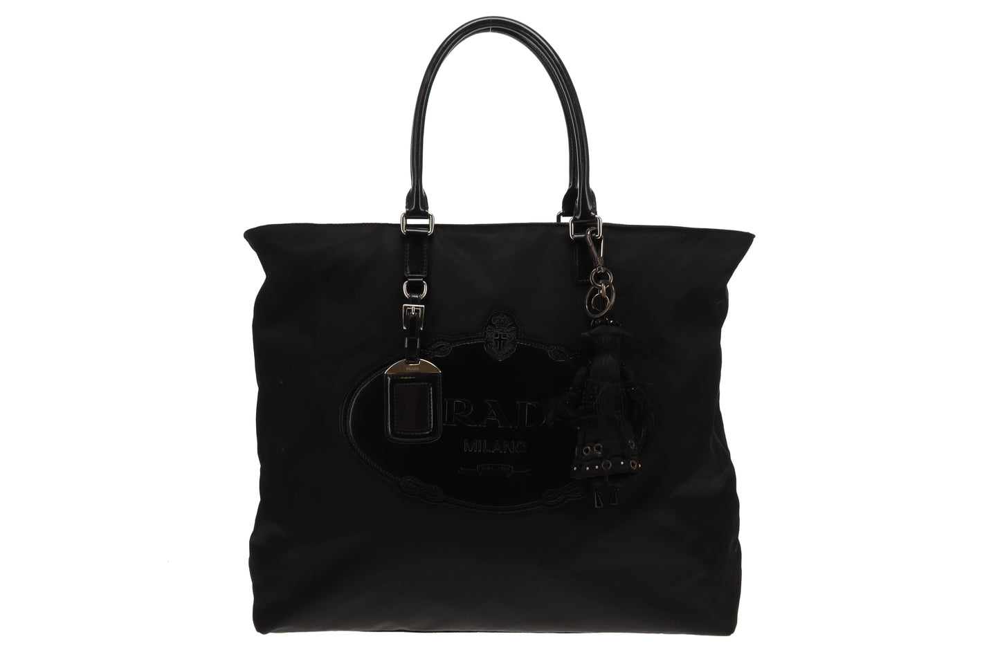 Prada Black Logo Nylon and Leather Tote with Charm