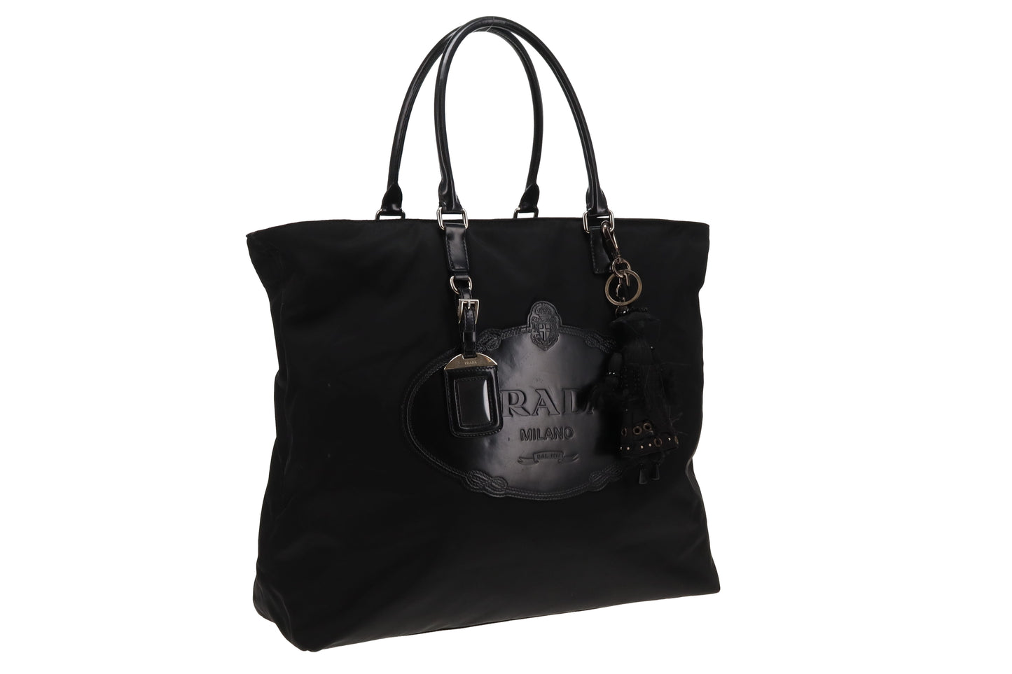 Prada Black Logo Nylon and Leather Tote with Charm