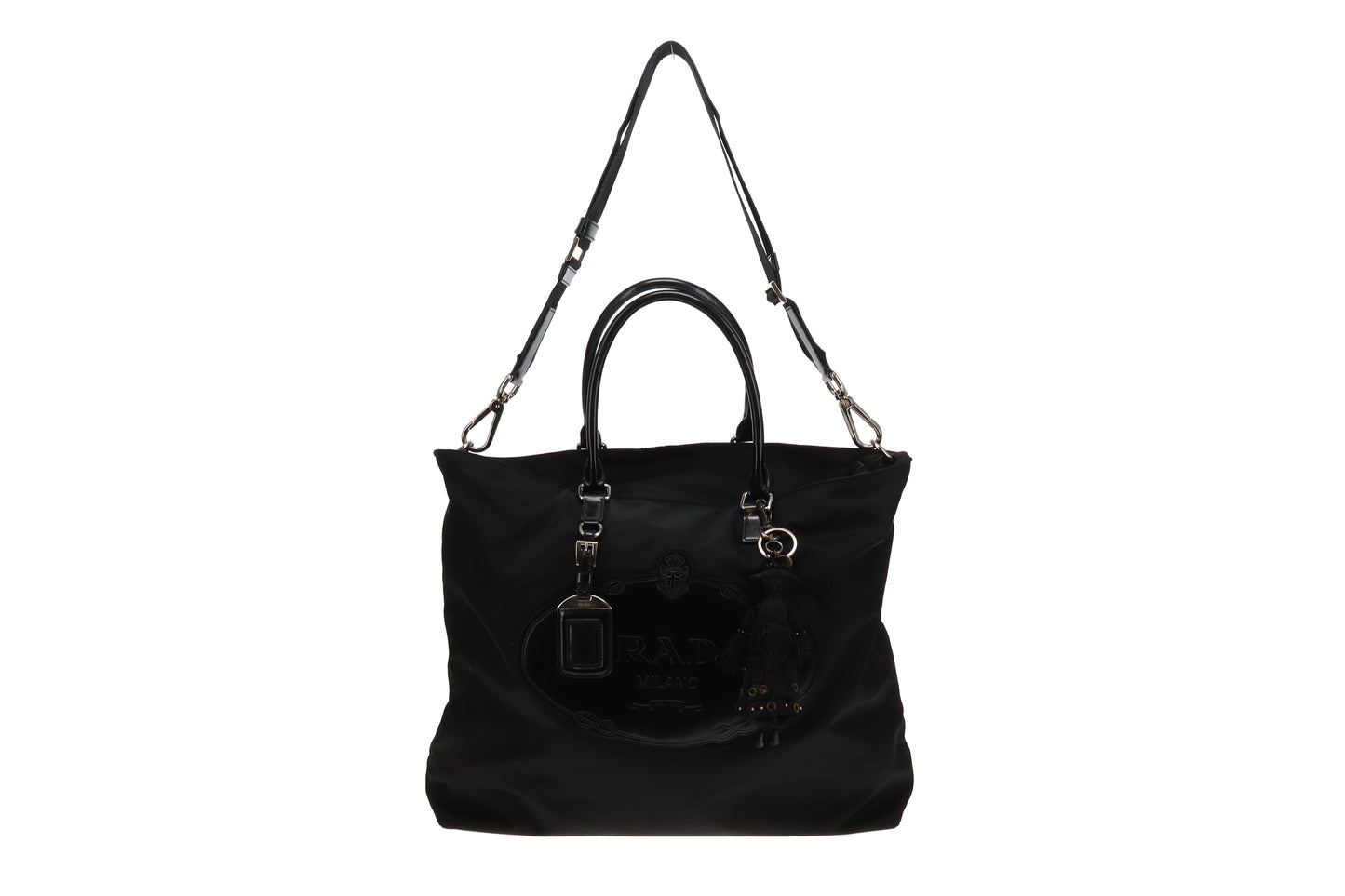 Prada Black Logo Nylon and Leather Tote with Charm