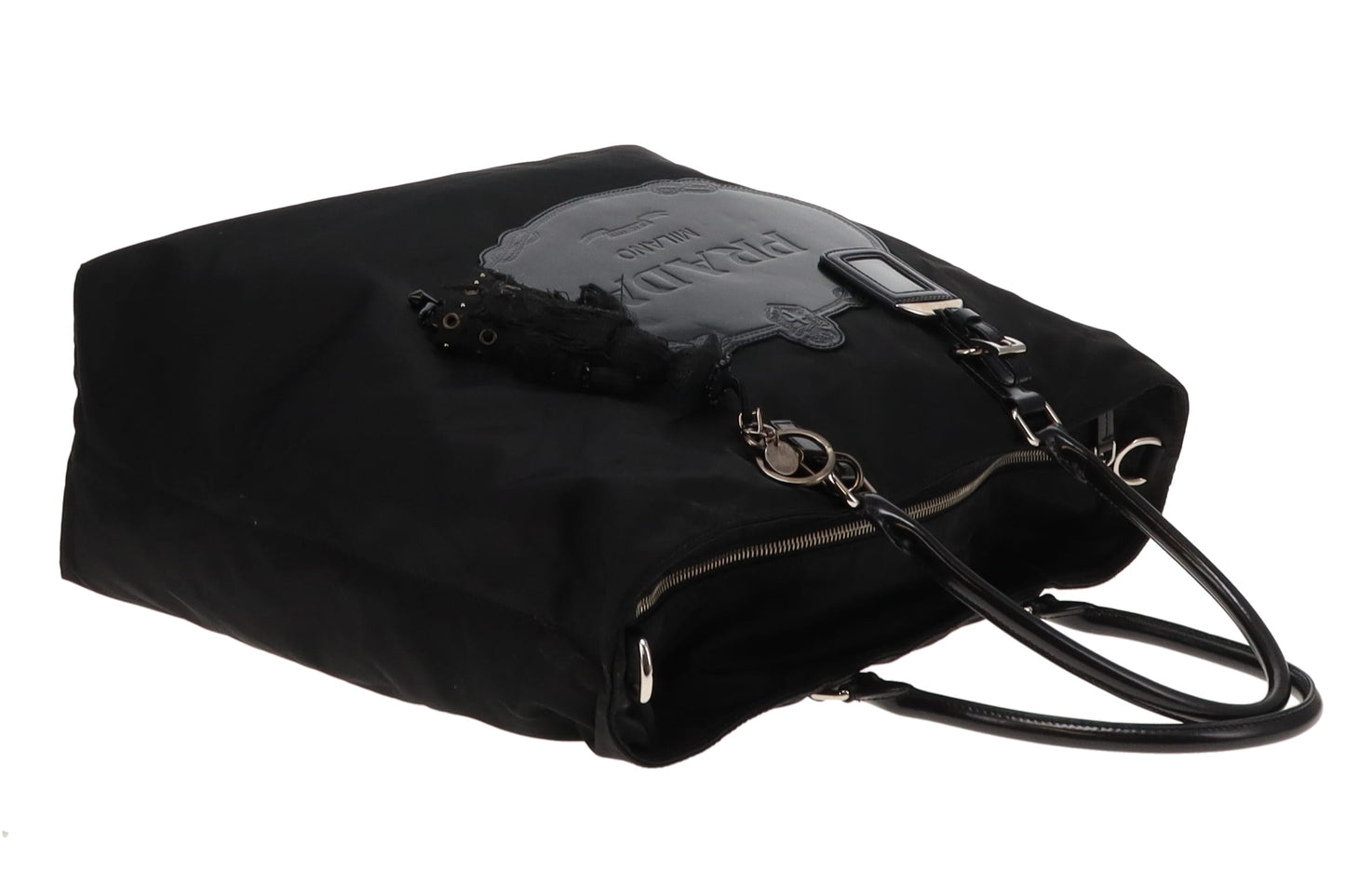 Prada Black Logo Nylon and Leather Tote with Charm