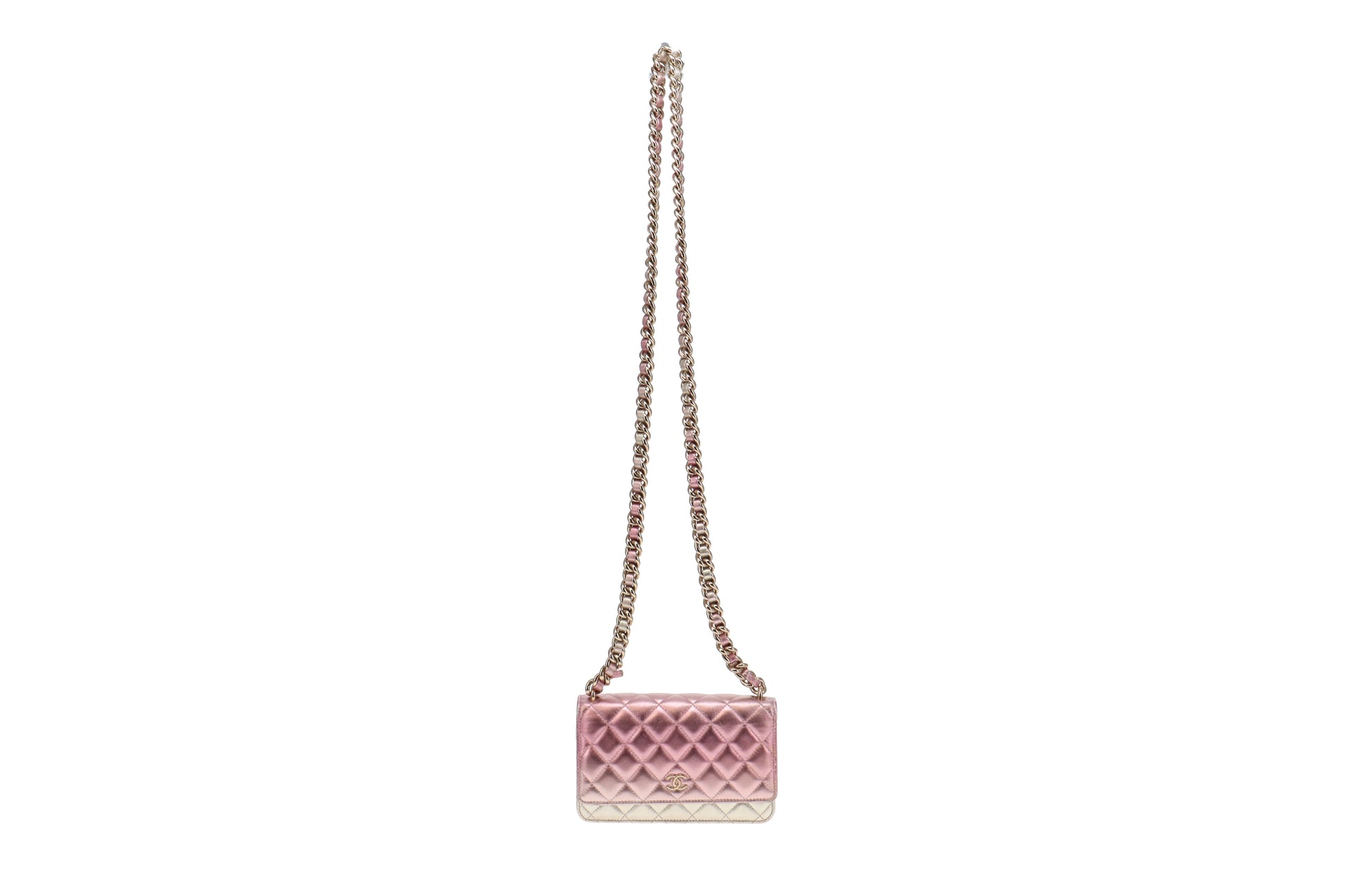 Pink Lambskin Top Handle Long Chain Bag Small