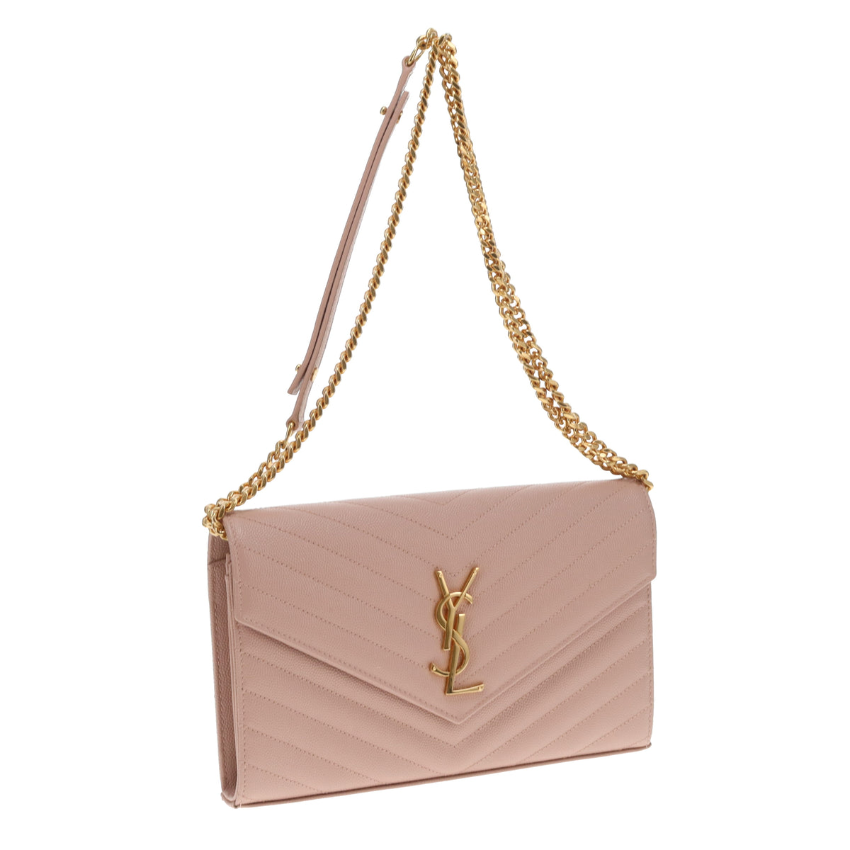 Saint Laurent Monogram Embossed Chain Wallet Soft Pink