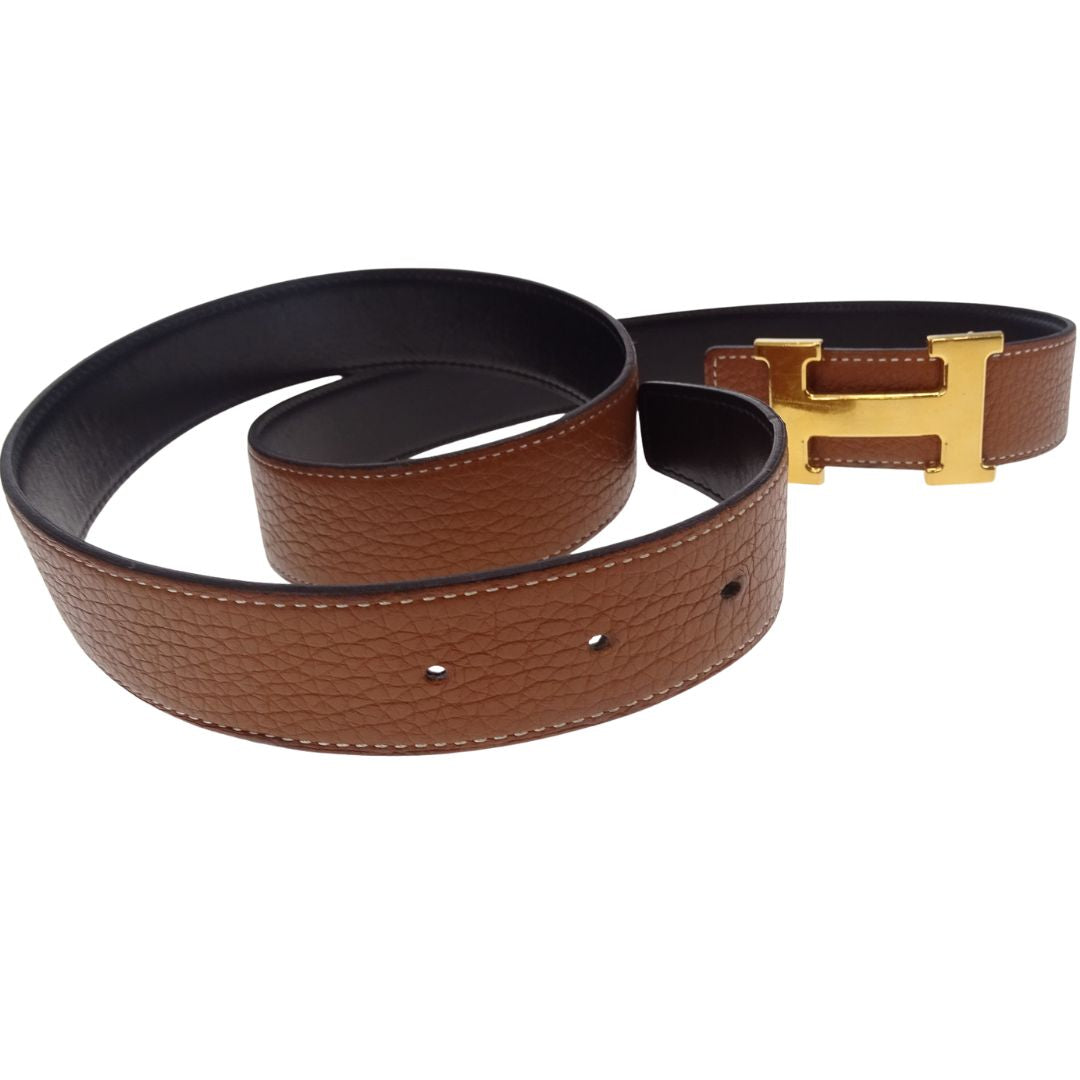 Hermes 32mm Belt H Buckle Gold and Noir Reversible Leather 95cm