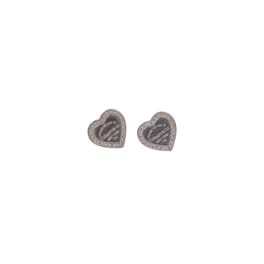 Tiffany & Co 18K White Gold RTT Mini Heart Earrings with 0.11 Total CW Diamond Surround