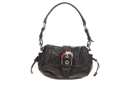 Miu Miu Flap Shoulder Bag Vintage Distressed Black with Rose Detail