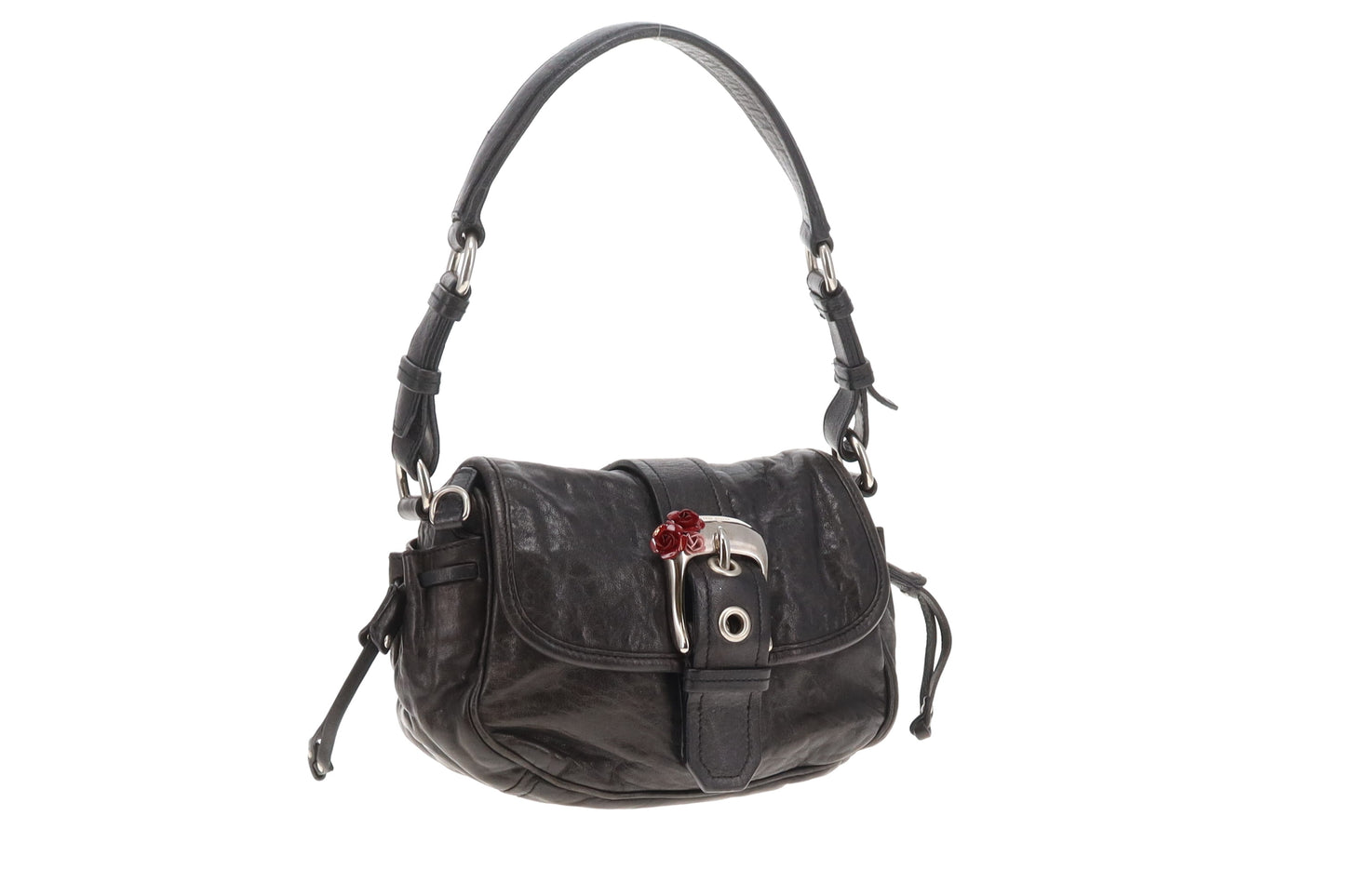 Miu Miu Flap Shoulder Bag Vintage Distressed Black with Rose Detail
