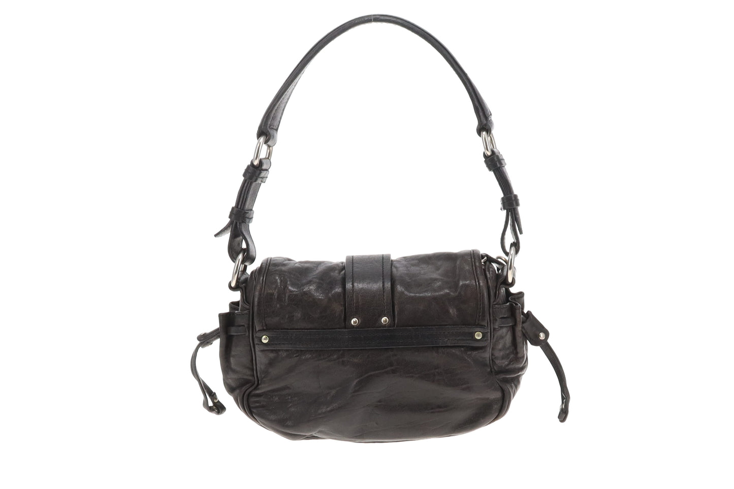 Miu Miu Flap Shoulder Bag Vintage Distressed Black with Rose Detail