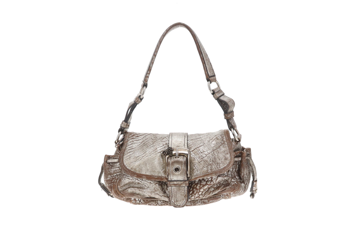 Miu Miu Flap Shoulder Bag Vintage Distressed Metallic with Rose Detail