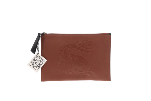 Loewe Flat Pouch Dragon Embossed Cognac