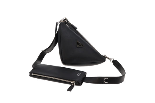 Prada Black Saffiano and Vitello Leather Triangle Double Messenger