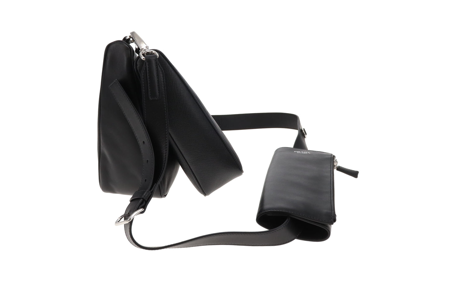 Prada Black Saffiano and Vitello Leather Triangle Double Messenger