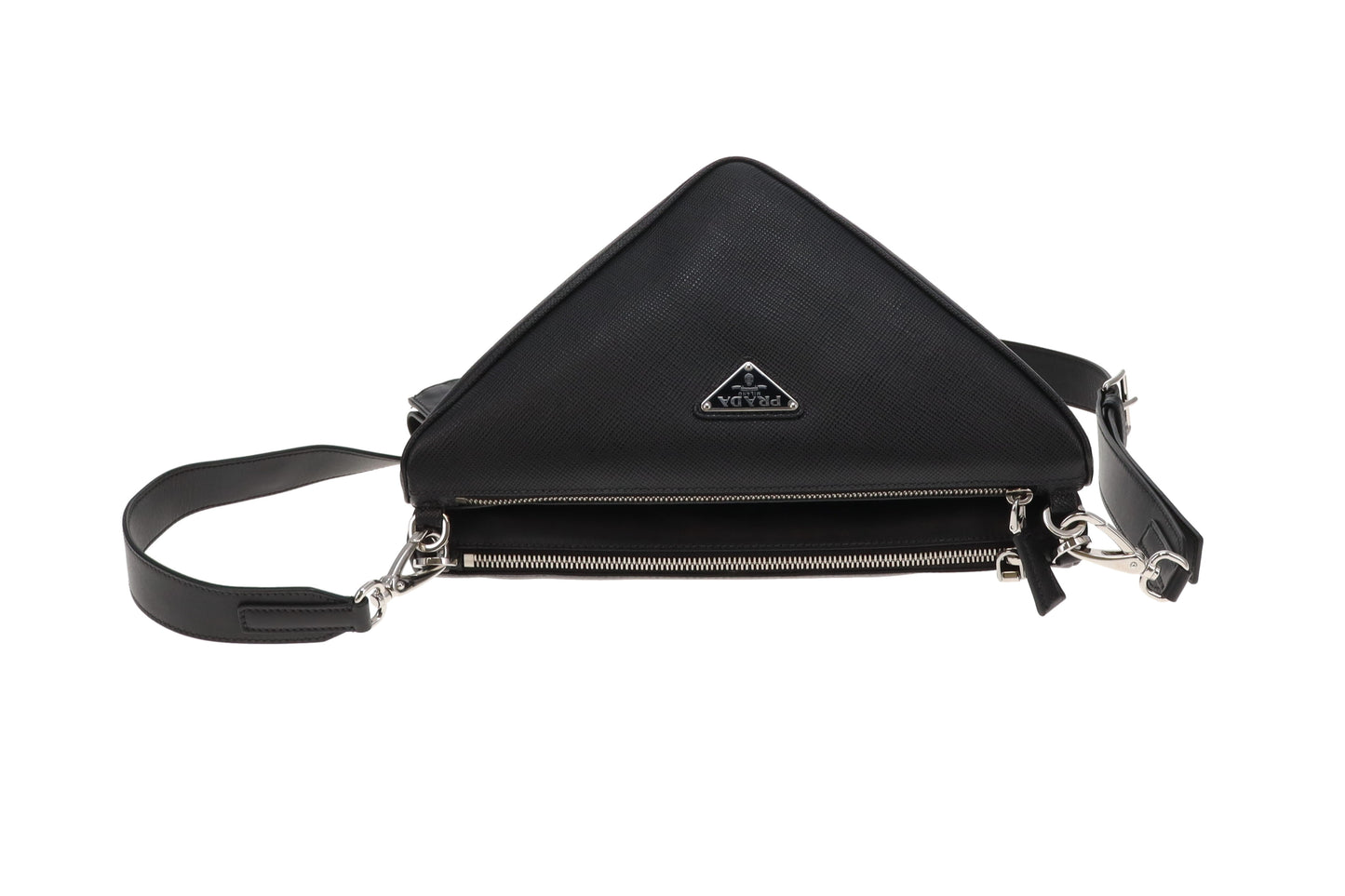 Prada Black Saffiano and Vitello Leather Triangle Double Messenger