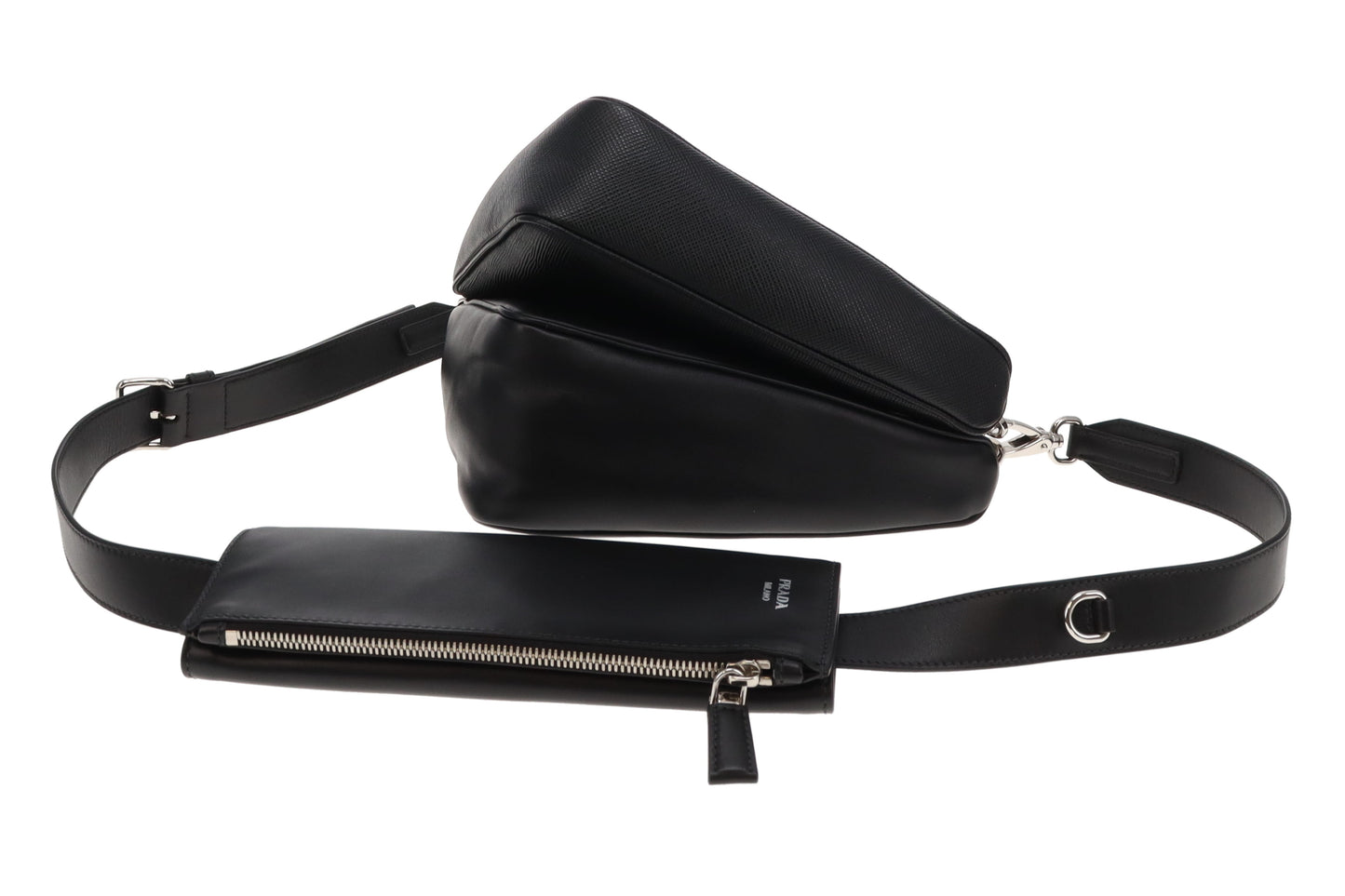 Prada Black Saffiano and Vitello Leather Triangle Double Messenger