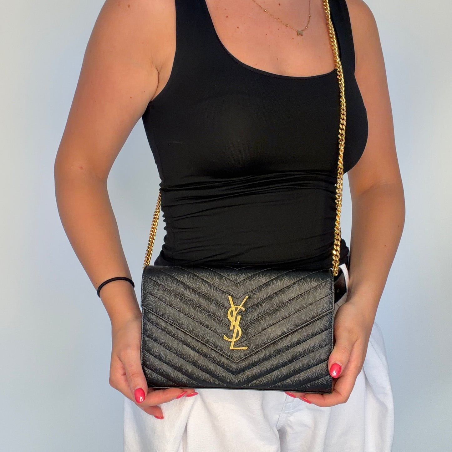 Saint Laurent Cassandre Chain Wallet Black Gold HW 2022