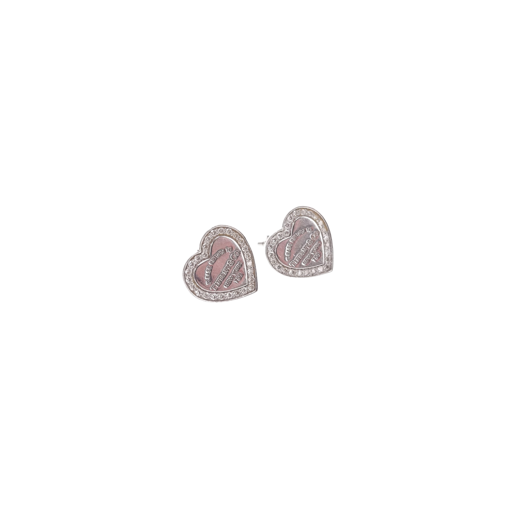 Tiffany & Co 18K White Gold RTT Mini Heart Earrings with 0.11 Total CW Diamond Surround