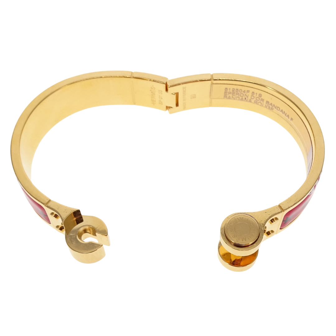 Hermes Hinged Bracelet Red Eperon D'or Bandana Rouge Enamel Gold Plated