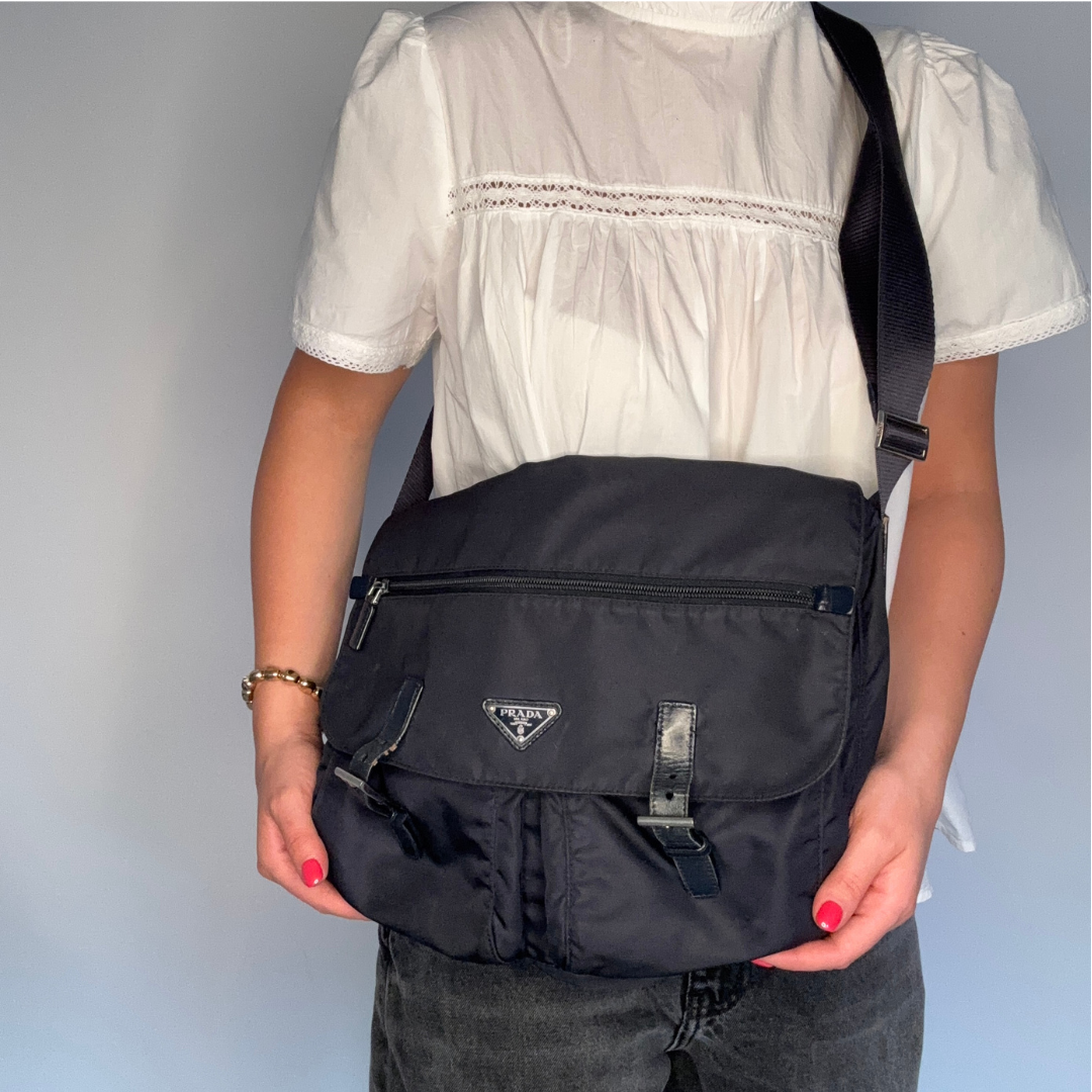 Prada Navy Nylon Twin Pocket East West Messenger Bag